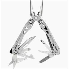 Silverfärgad Gerber Suspension NXT Multi-Tool med tång, kniv, kapsylöppnare, fil och skruvmejsel.